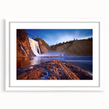 Abstract art print of Quebec scenery in muted earth tones on a white framed canvas, ideal for dining room decor.