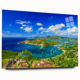 Large abstract wall art of Caribbean scenery in vibrant blue and green hues, acrylic print.