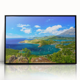 Large abstract wall art depicting a Caribbean scenery on a framed acrylic print, with vibrant ocean blues and lush greens.