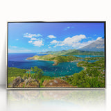 Framed acrylic print of a Caribbean scenery with vivid blue and green tones, ideal for modern art wall decor.