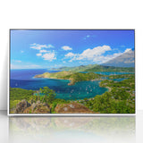 Mid-century modernist art depicting a Caribbean scenery on a white framed acrylic, with pastel blue and green tones.