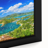 Extra large framed canvas featuring a textured depiction of a Caribbean scenery in vibrant colors.