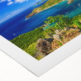 Art deco poster of a serene Caribbean shoreline in soft blue and white tones on rolled canvas.