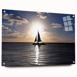 Large abstract wall art depicting Caribbean scenery in vibrant blues and greens on acrylic glass.