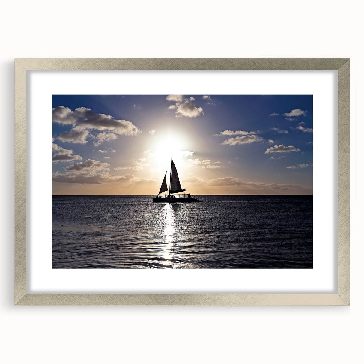 Extra large abstract art print of Caribbean scenery in silver frame with textured details, suitable for living room decor.