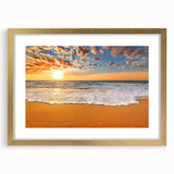 Abstract art print of a Caribbean seascape in muted blue and green tones, framed in gold, ideal for dining room decor.