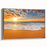 Framed canvas of a vintage-style Caribbean landscape painting with vibrant blue and green tones, ideal for living room decor.