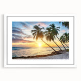 Textured abstract art print depicting a Caribbean scenery in muted blue and green tones, framed with a white mat.
