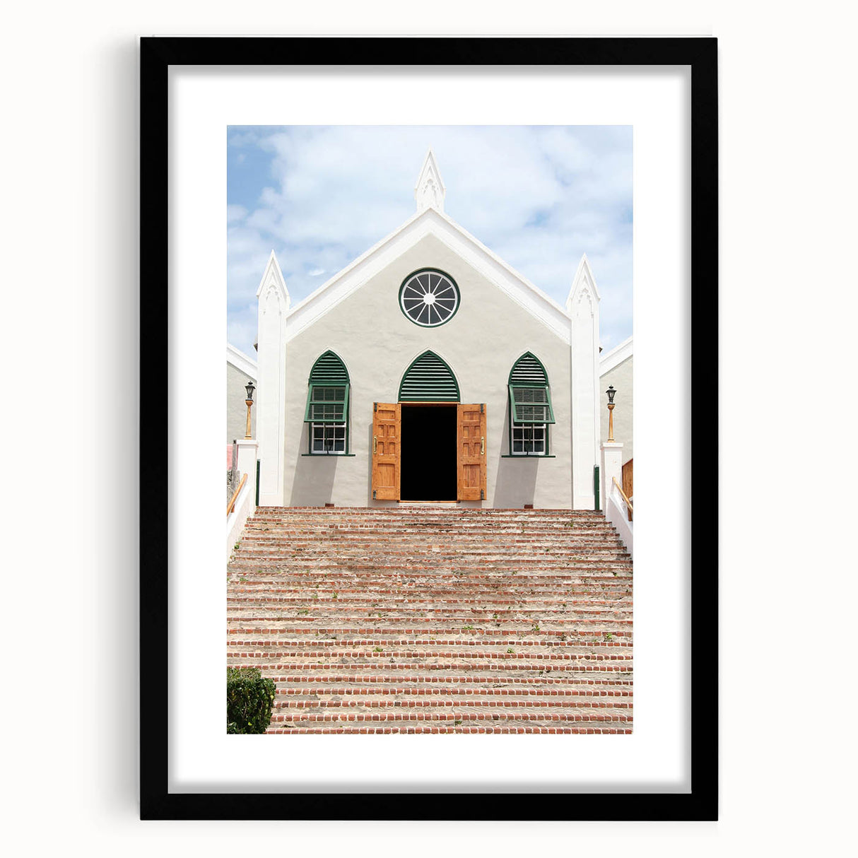 Colorful abstract art print of Caribbean scenery on a textured, extra large canvas, framed in black.