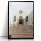 Large abstract wall art featuring Caribbean-inspired scenery in vibrant blue and green tones on a framed acrylic.
