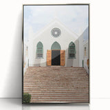 Mid-century modernist Caribbean scenery in muted aqua and green tones, framed acrylic print, ideal for modern art wall decor.