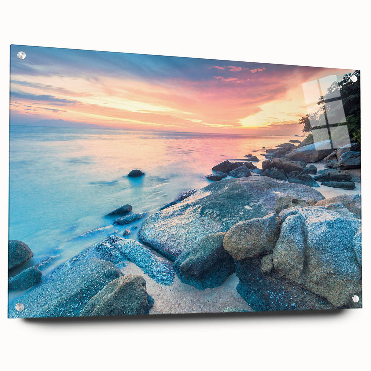 Acrylic glass print of a Caribbean scenery with vibrant blue ocean and sky, ideal for dining room decor.