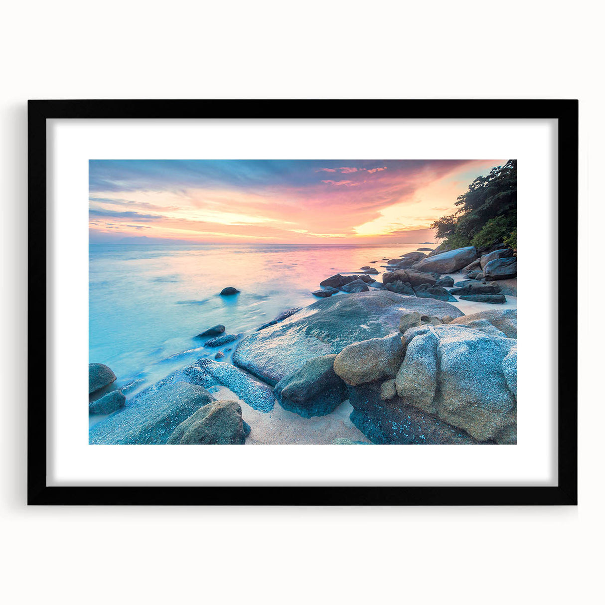 Extra large abstract art print featuring textured, colorful Caribbean scenery on a framed canvas.
