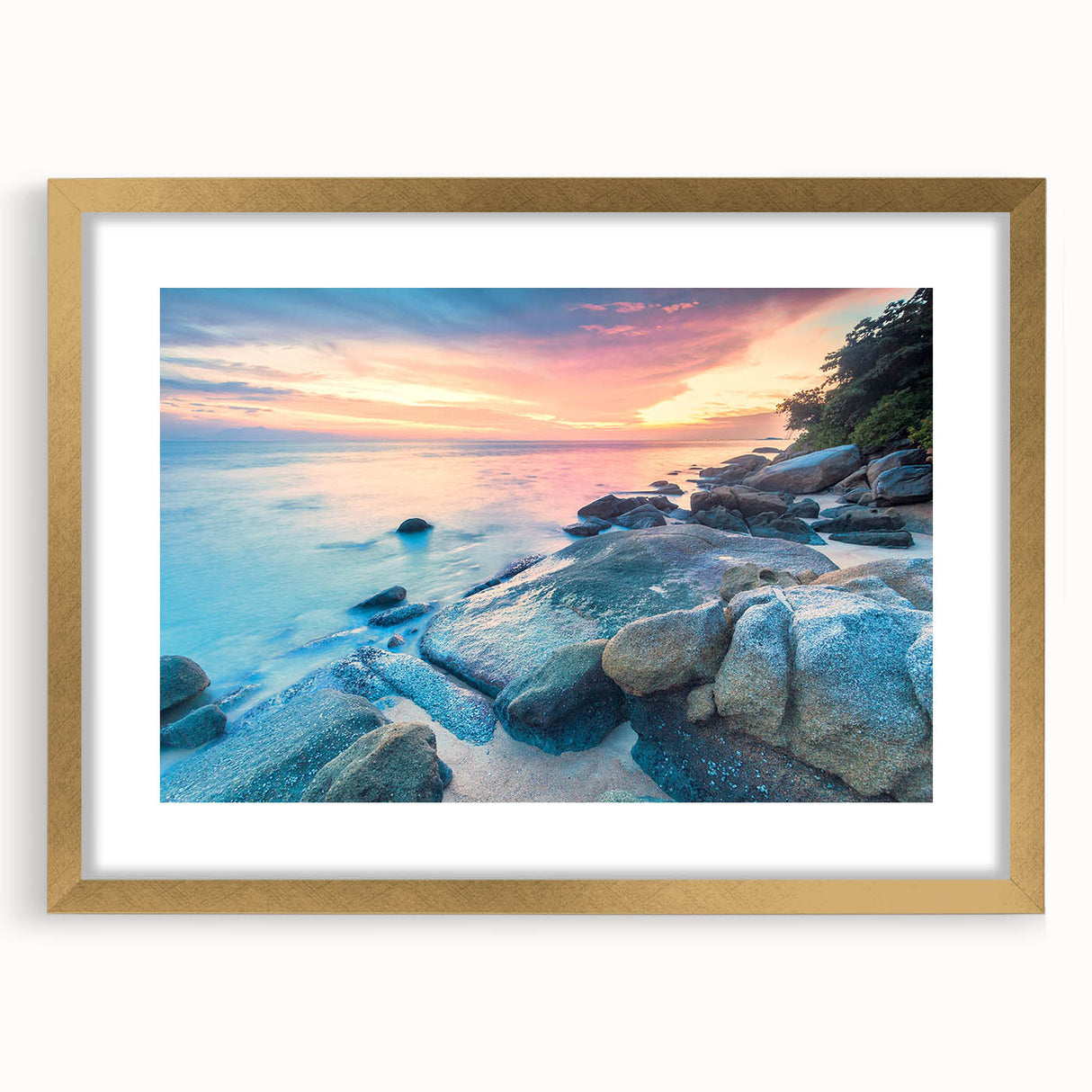 Abstract art print of Caribbean scenery in gold frame, featuring blue and green hues, ideal for dining room decor.