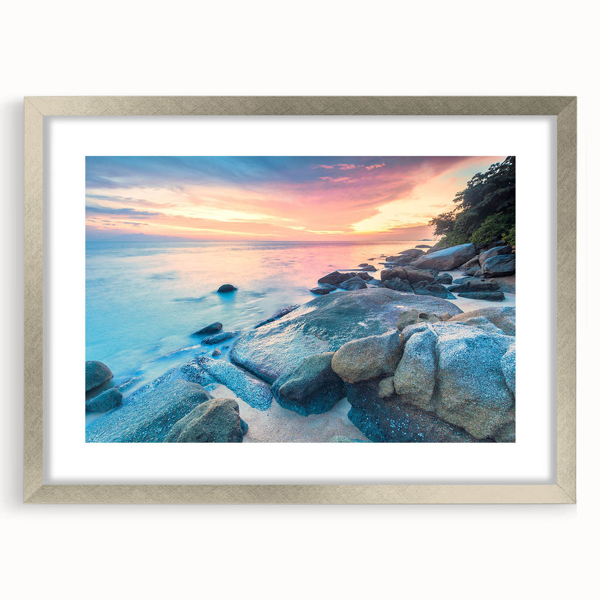 Extra large abstract art print of Caribbean scenery on textured canvas, framed in silver, ideal for living room decor.