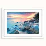 Textured abstract art print featuring Caribbean scenery in pastel colors, framed with a white mat.