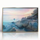 Art deco poster of a Caribbean scenery with vibrant blue and green tones, framed in gold acrylic.
