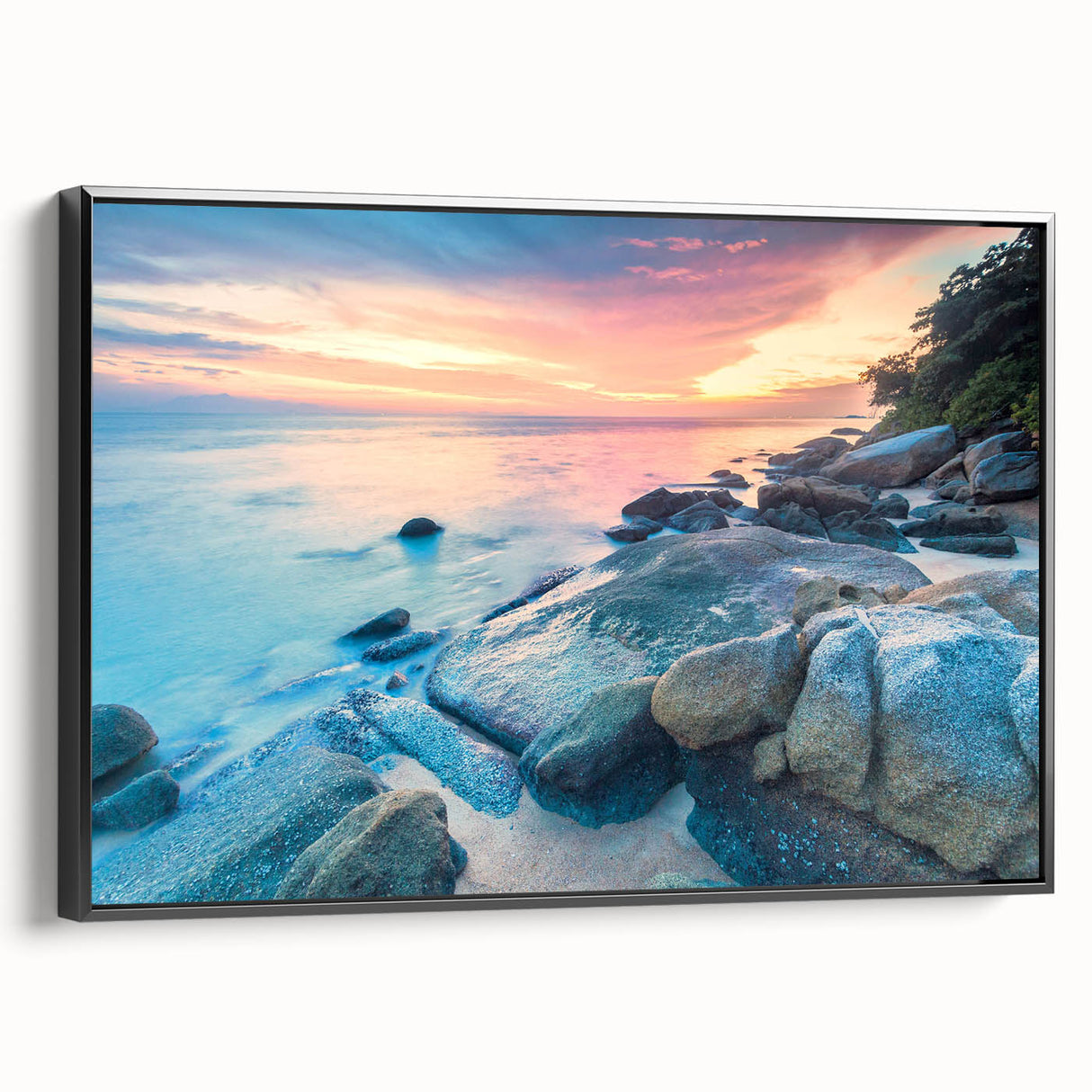Framed canvas featuring a black and white vintage poster art of the Caribbean landscape, ideal for bedroom wall decor.