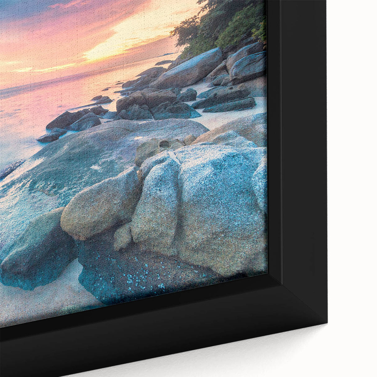 Framed canvas depicting a textured Caribbean scenery in vibrant colors, ideal for living room decor.