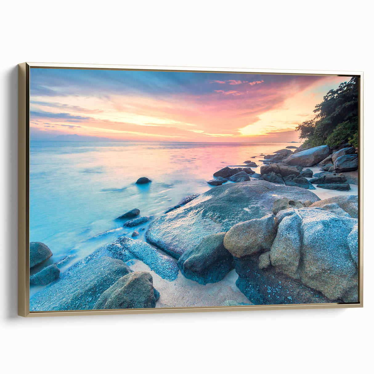 Framed canvas depicting a serene Caribbean landscape with muted blue and green tones, suitable as wall art for a bedroom.