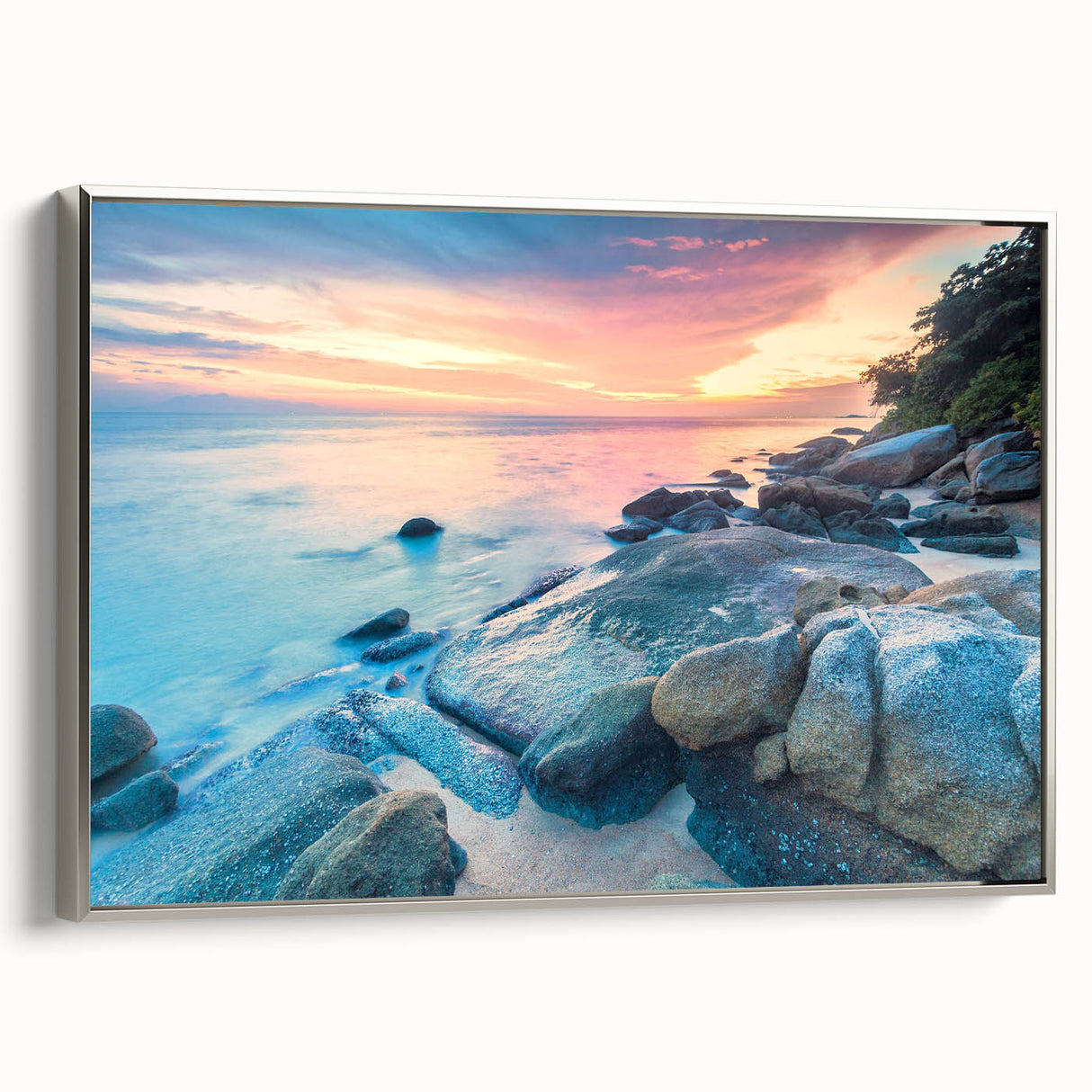 Framed canvas depicting a Caribbean landscape in vibrant colors, ideal for brightening a living room space.