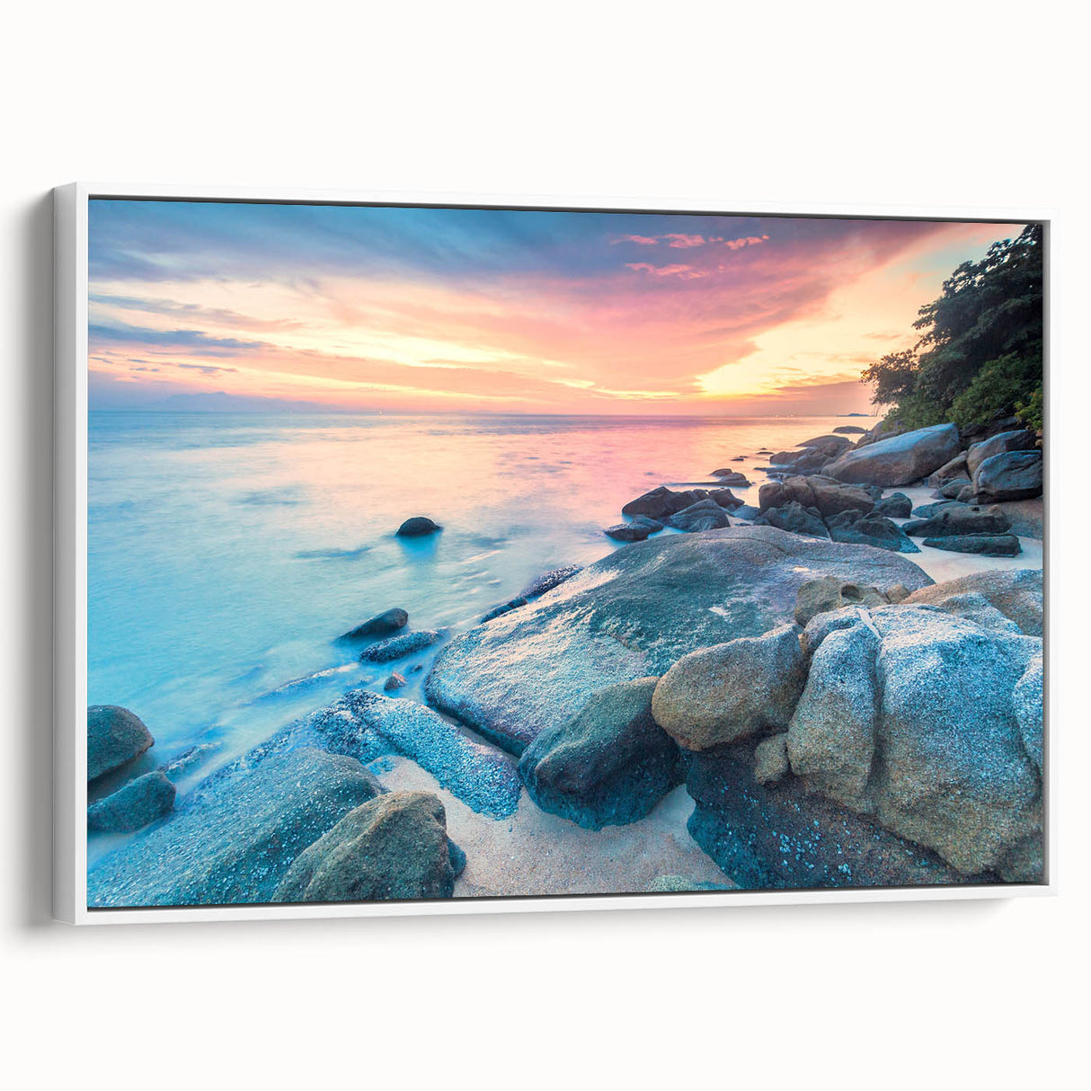 Vintage poster art depicting a Caribbean scene on a framed canvas, with colorful accents, ideal for living room decor.