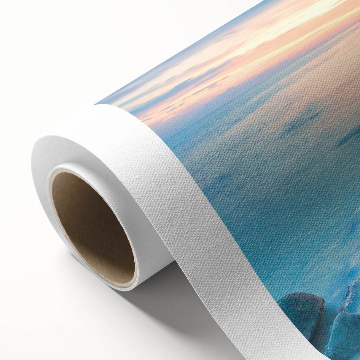 Art deco style poster depicting a serene Caribbean scenery in muted blue and green tones on rolled canvas.