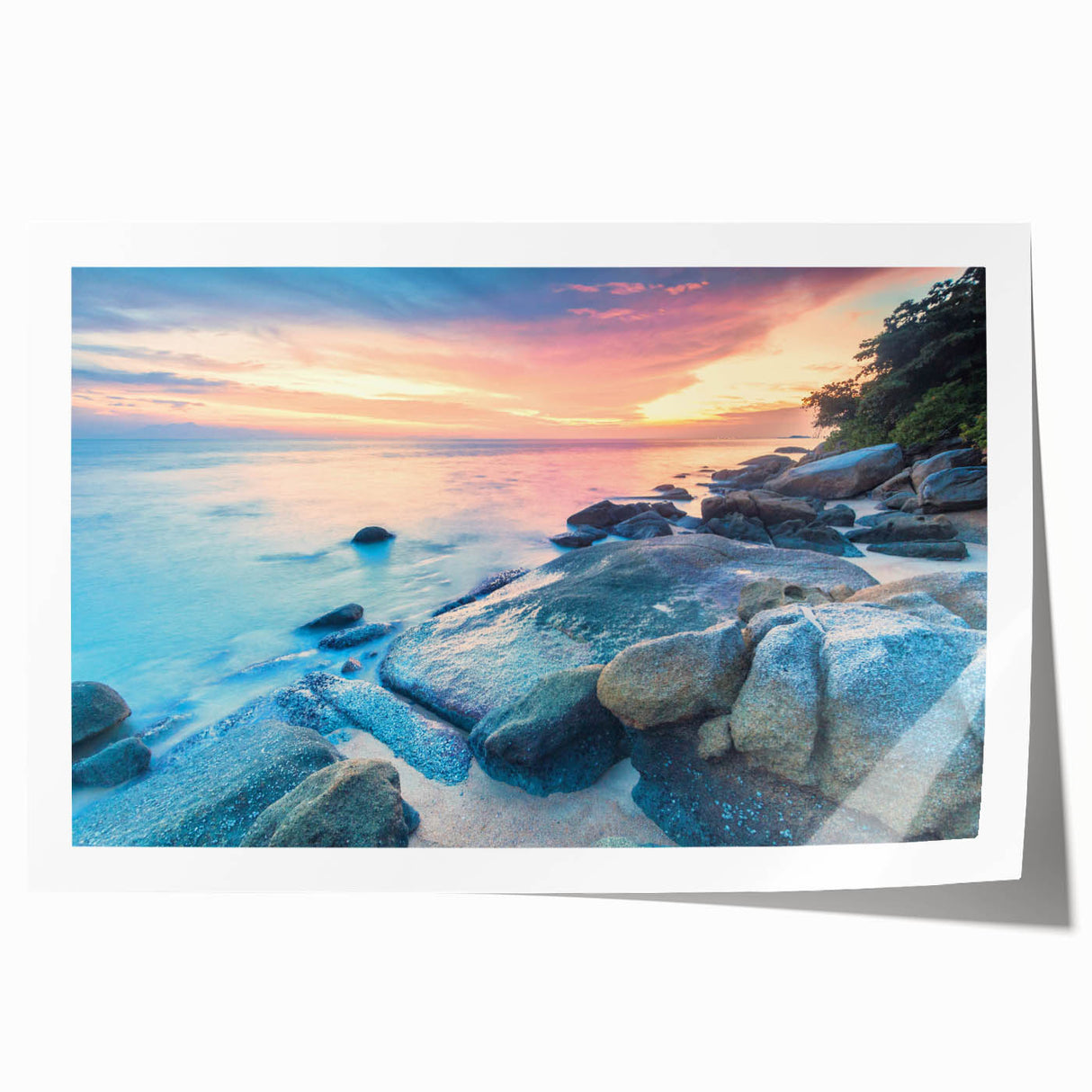 Rolled print of a Caribbean scenery with vibrant blue and green tones, ideal for art wall dining room.