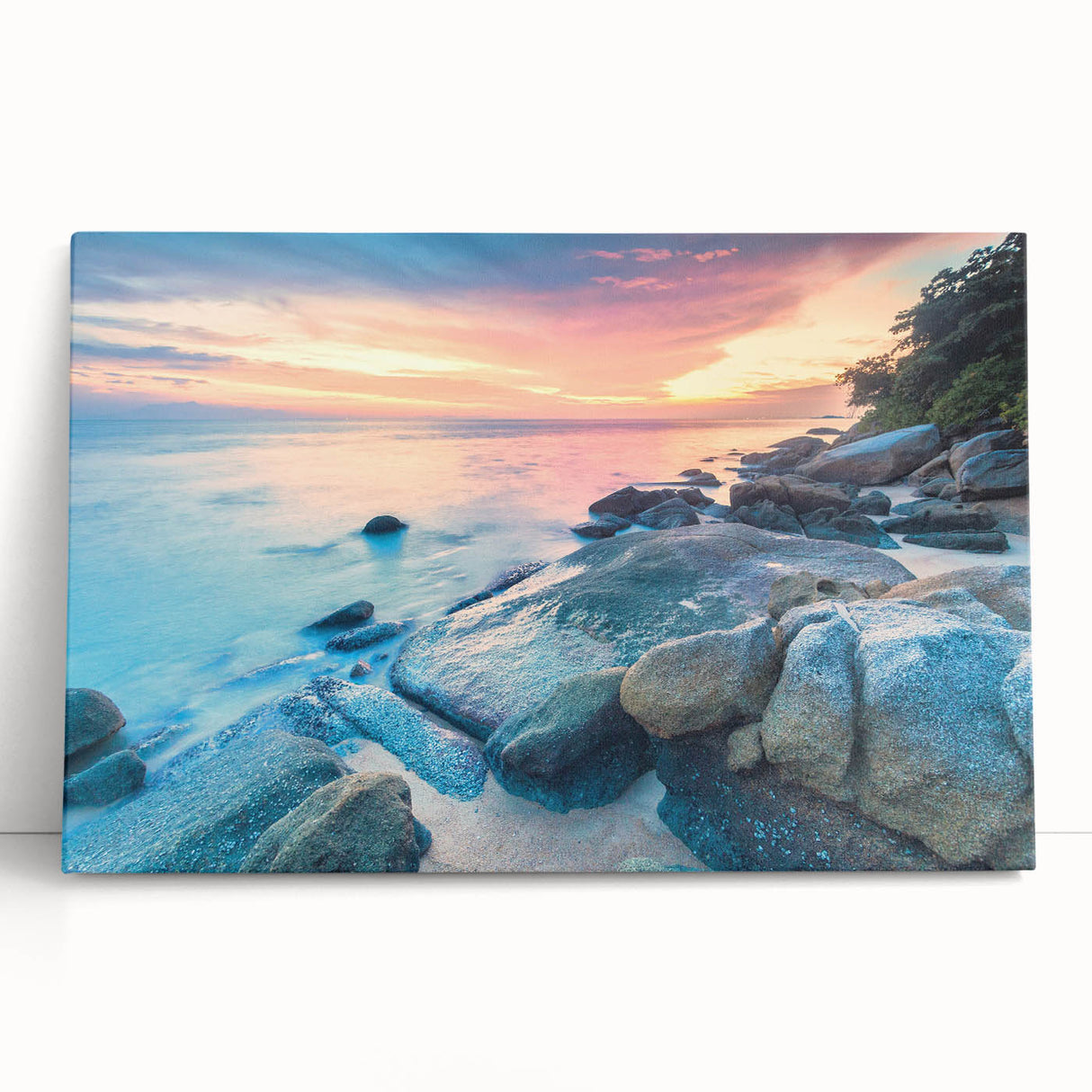 Black and white stretched canvas print of a serene Caribbean beach scene, ideal for kitchen wall art.