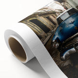 Art Deco-style poster of a Caribbean scenery on rolled canvas, featuring pastel blue and pink tones.