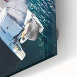 Large abstract wall art featuring a Caribbean seascape in muted blue and green tones on acrylic glass.