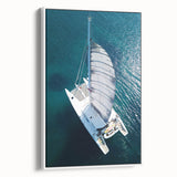 Landscape art painting of a Caribbean beach on framed canvas, featuring vibrant blue and white tones.