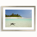 Extra large wall art featuring an abstract Caribbean scenery in textured greens and blues on a framed silver mat.