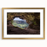 Abstract art print of a Caribbean scene in gold frame, featuring vibrant blue and green hues, ideal for dining room decor.