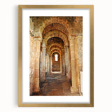Abstract art print of Caribbean scenery in muted green and blue tones, framed in gold, suitable for dining room decor.
