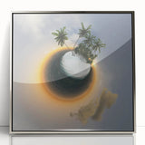 Large art print of Caribbean Virgin Islands in mid-century modernist style, framed in silver acrylic.