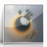 Mid-century modernist art of the Caribbean Virgin Islands in muted blue and green tones on framed acrylic.