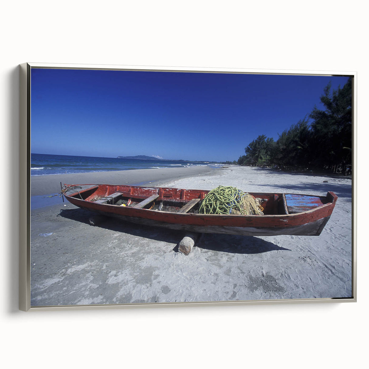 Landscape art painting of a vintage Central American scenery on a framed canvas, featuring a palette of earth tones.