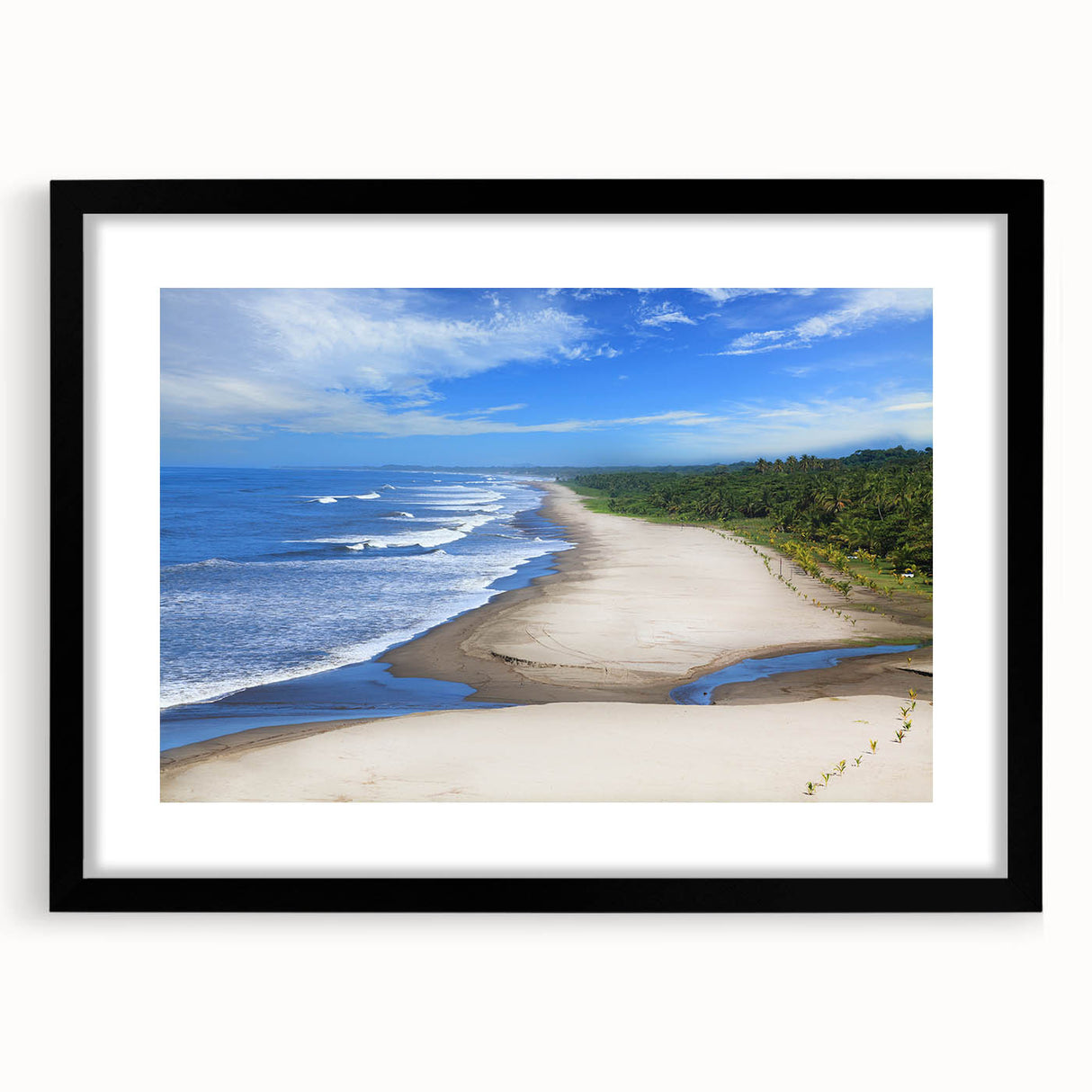 Extra large abstract art print featuring a vibrant, colorful depiction of a Central American scenery on a textured canvas.