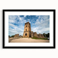 Extra large abstract art print of a colorful Central American scenery on a textured canvas, framed in black.