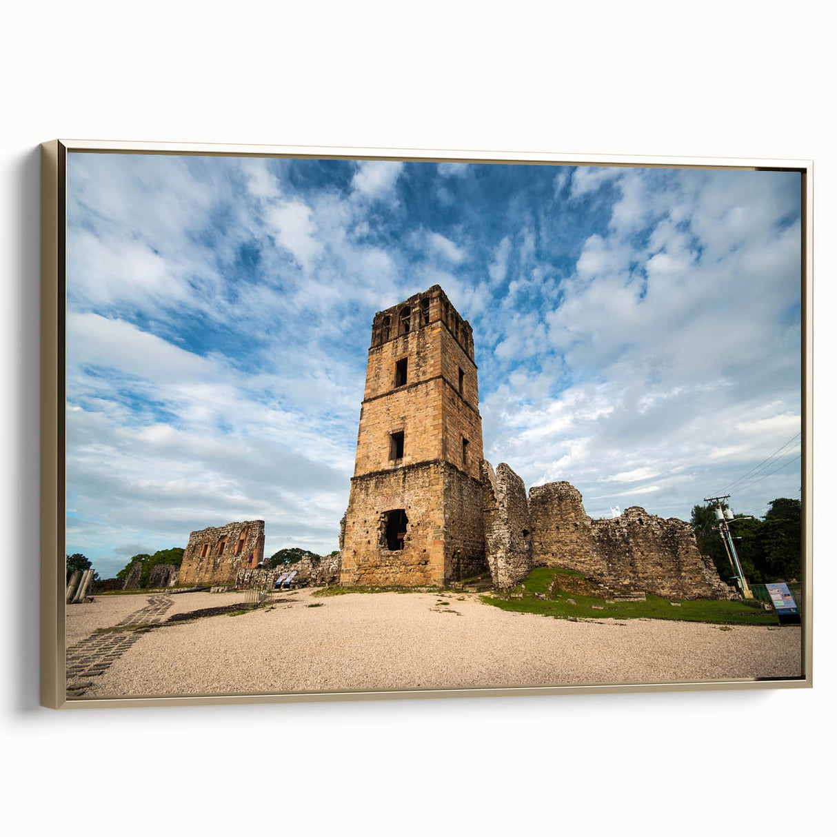 Framed canvas wall art depicting a vintage-style Panama landscape in muted gold and black, ideal for bedroom decor.