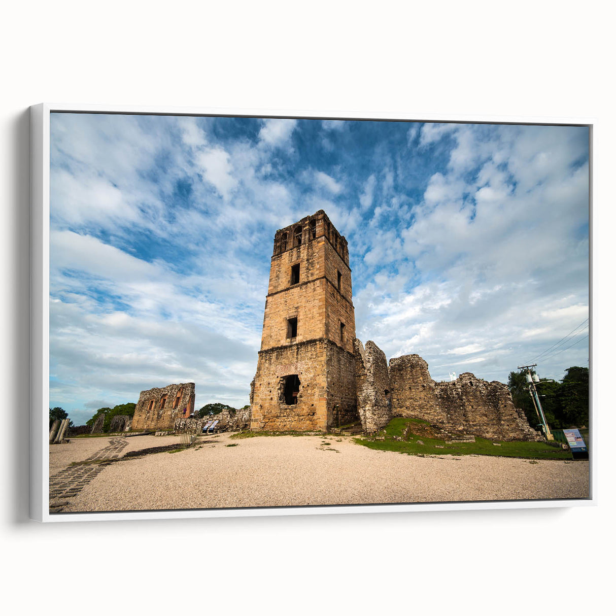 Vintage poster art of a colorful Central American scenery on a large framed canvas, ideal for living room decor.