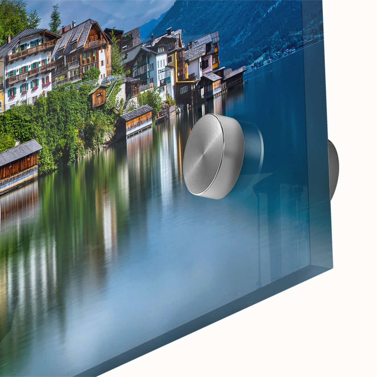 Large abstract wall art of Austrian scenery in mid-century modernist style on acrylic glass, ideal for dining room art.