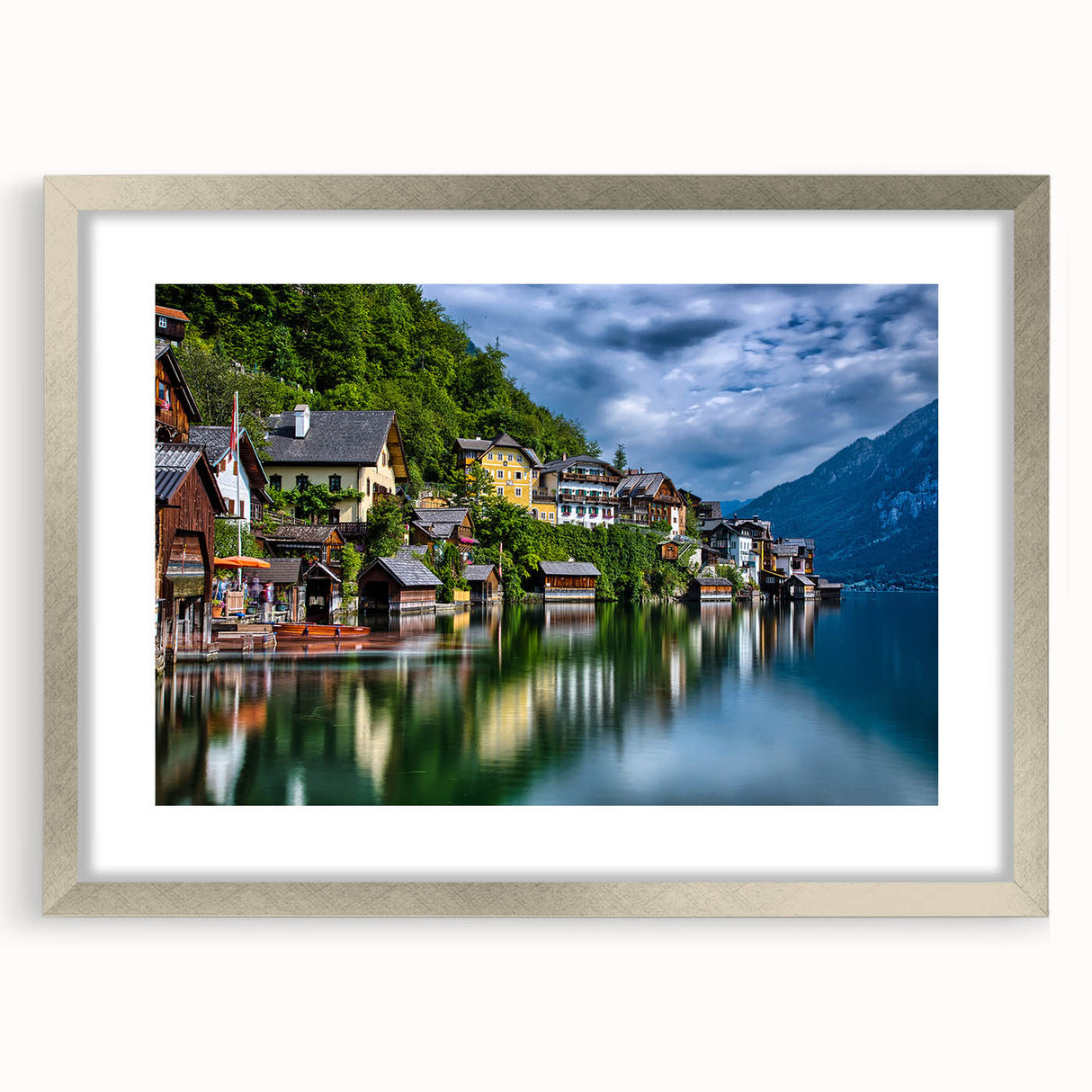 Extra large abstract art print of a textured Austrian landscape in muted earth tones, framed in silver.