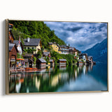 Framed canvas depicting a vintage-style Austrian landscape in muted gold and black tones, ideal for bedroom wall decor.