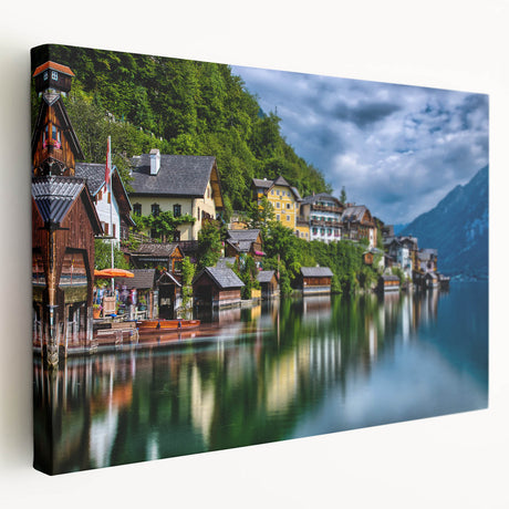 Large art print of a European Austrian landscape on stretched canvas, featuring muted earth tones.