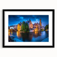 Extra large abstract art print of colorful, textured European scenery in a black frame with mat, ideal for living room decor.