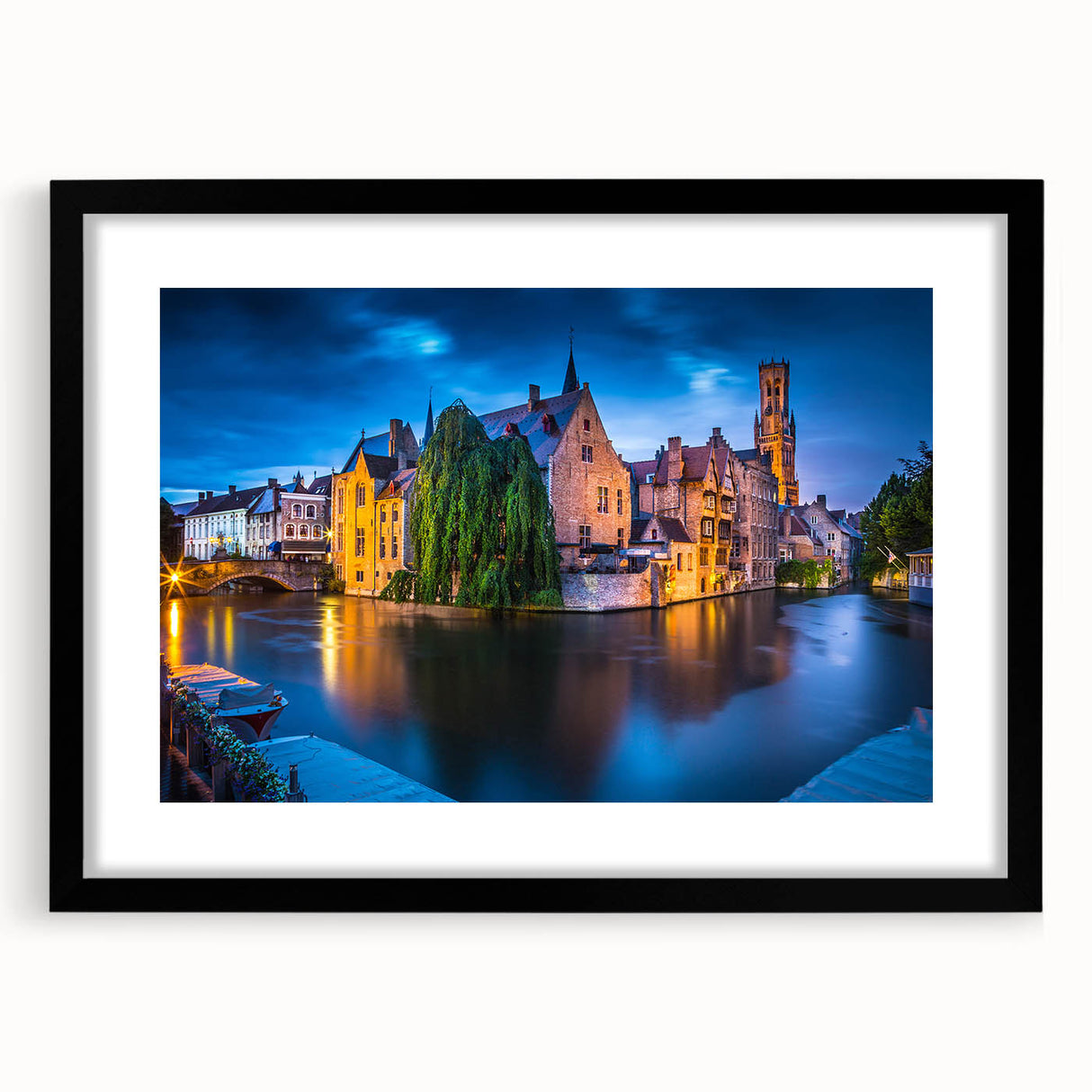 Extra large abstract art print of colorful, textured European scenery in a black frame with mat, ideal for living room decor.