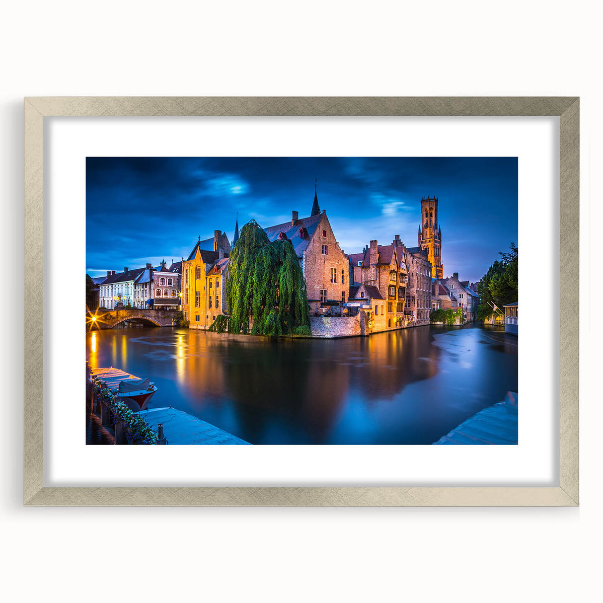Extra large abstract art print of a European scenery in muted earth tones, framed in silver, ideal for living room decor.