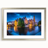Extra large abstract art print of a European scenery in muted earth tones, framed in silver, ideal for living room decor.